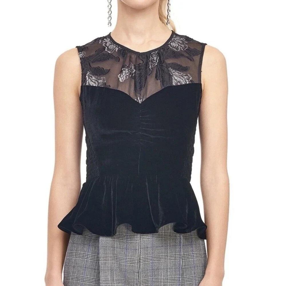 Rebecca Taylor Black Velvet Peplum Top Silver Floral Lace Silk Blend Size 2